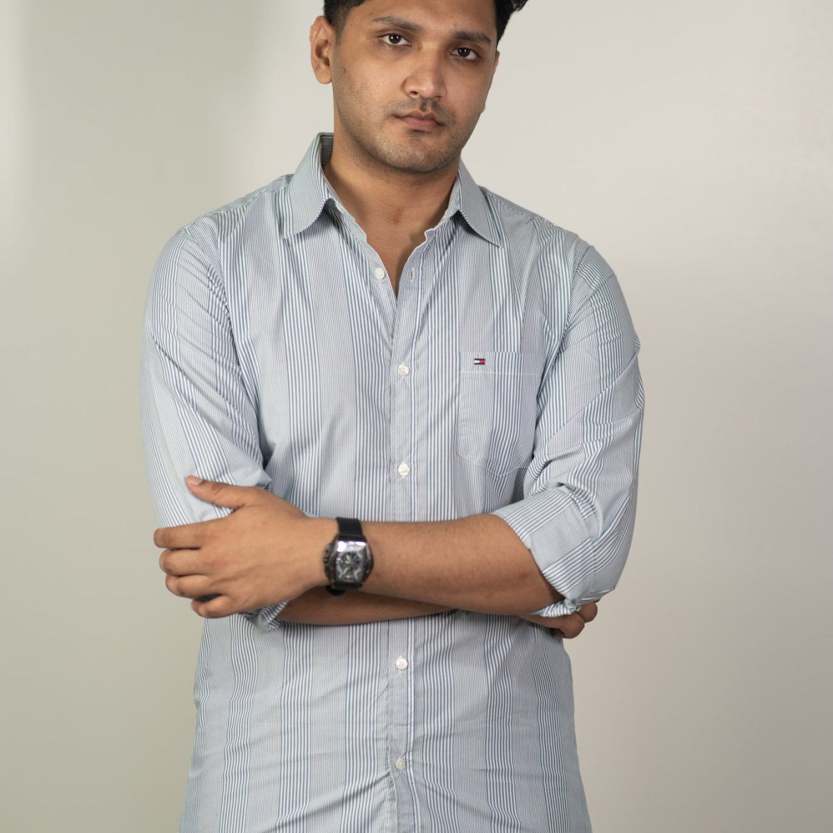 Tommy Pale Grey and Teal Micro Stripe Shirt